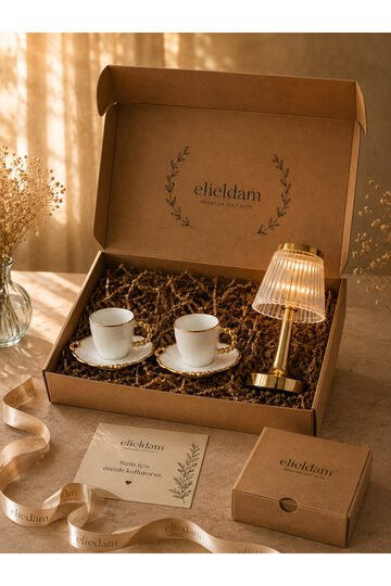 Elieldam Doğum Günü, Yeni Ev, Özel Gün Hediyesi Kristal Gold Masa Lambası & İncili Kulplu Kahve Fincan Takımı Hediye Seti