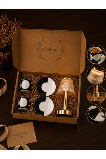 Elieldam Doğum Günü, Yeni Ev, Özel Gün,Yeni İş Hediyesi Şarjlı Dokunmatik Kristal Gold Masa Lambası & 2li Kahve Fincan Takımı Hediye Seti