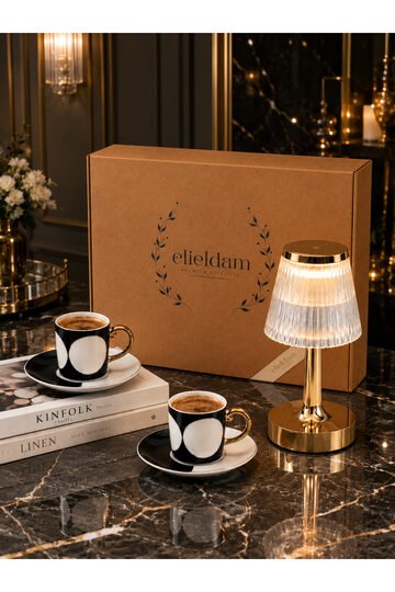 Elieldam Doğum Günü, Yeni Ev, Özel Gün,Yeni İş Hediyesi Şarjlı Dokunmatik Kristal Gold Masa Lambası & 2li Kahve Fincan Takımı Hediye Seti