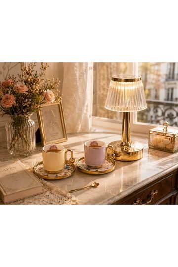 Elieldam Doğum Günü, Yeni Ev, Özel Gün,Yeni İş Hediyesi Şarjlı Dokunmatik Kristal Gold Masa Lambası & Kahve Fincan Takımı Hediye Seti