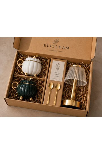 Elieldam Doğum Günü, Yeni Ev, Özel Gün, Yeni İş Hediyesi Şarjlı Dokunmatik Kristal Gold Masa Lambası & Kahve Fincan Takımı & Oda kokusu Hediye Seti