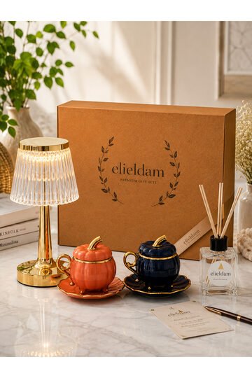 Elieldam Doğum Günü, Yeni Ev, Özel Gün, Yeni İş Hediyesi Şarjlı Dokunmatik Kristal Gold Masa Lambası & Kahve Fincan Takımı & Oda kokusu Hediye Seti