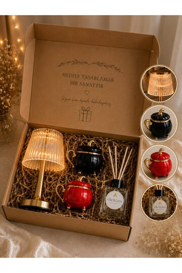 Elieldam Doğum Günü, Yeni Ev, Özel Gün, Yeni İş Hediyesi Şarjlı Dokunmatik Kristal Gold Masa Lambası & Kahve Fincan Takımı & Oda kokusu Hediye Seti