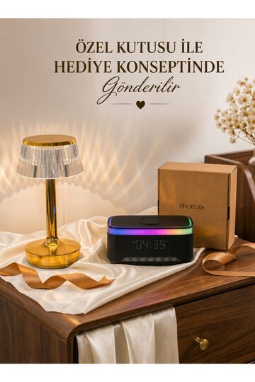Elieldam Doğum Günü, Yeni İş , Yeni Ev Hediyesi Dokunmatik Masa Lambası & Şarjlı Alarmlı Saat Hoparlör 2li Hediye Seti