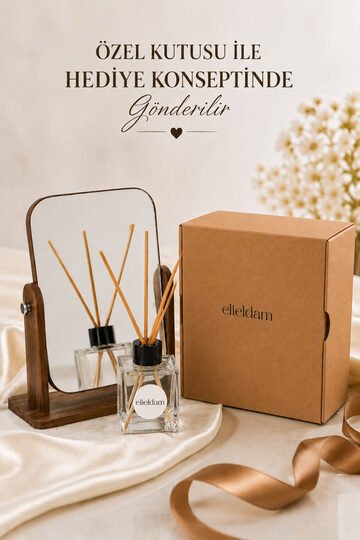 Elieldam Ev Hediyesi - Doğum Günü - Yeni İş Hediyesi Ahşap Ayaklı Masaüstü Makyaj Aynası Oda Kokuslu 2li Set