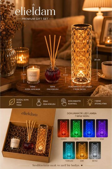 Elieldam Yeni Ev, Doğum Günü, Özel Gün, Sevgiliye Hediye, Kristal Masa Lambası Soya Mum ve Oda Kokulu Hediye Seti