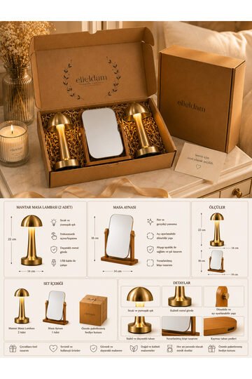 Elieldam Yeni Ev, Doğum Günü, Özel Gün, Yeni İş Hediyes 2 Adet Dokunmatik Şarjlı Masa Lambası ve Makyaj Aynalı Hediye Seti