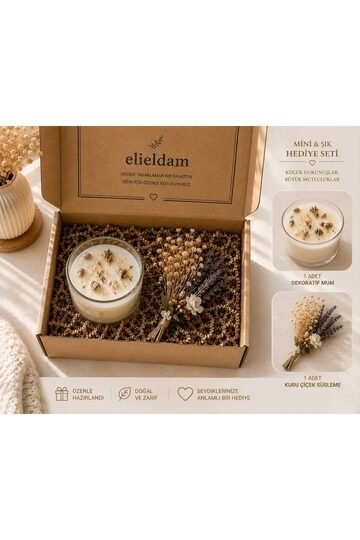 Elieldam Yeni Ev, Doğum Günü, Özel Gün, Yeni İş Hediyesi Kokulu Soya Mum ve Kuru Çiçek Süslemeli Hediye Seti