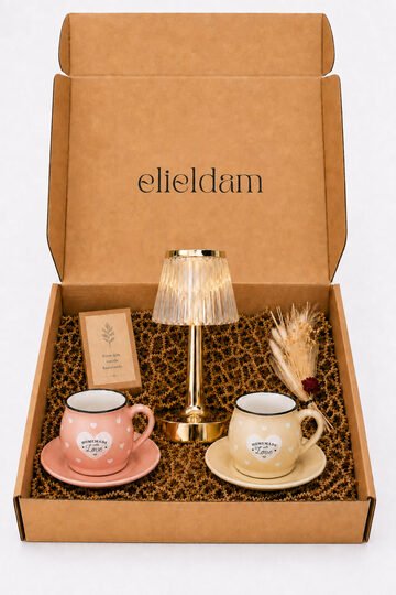 Elieldam Yeni Ev, Doğum Günü, Özel Gün, Yeni İş Hediyesi Kristal Masa Lambası & El Yapımı Kahve Fincanı 3'lü Hediye Seti