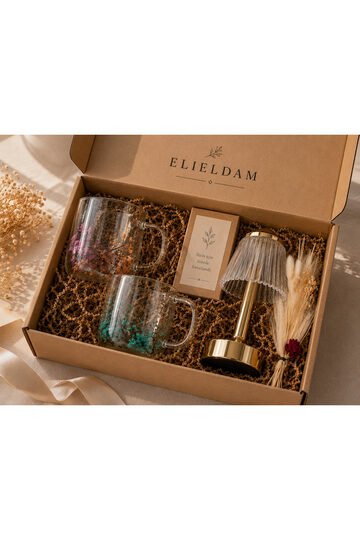 Elieldam Yeni Ev, Doğum Günü, Yeni İş Hediyesi; 2 Adet Borosilikat Cam Kupa ve Kristal Masa Lambası Hediye Seti