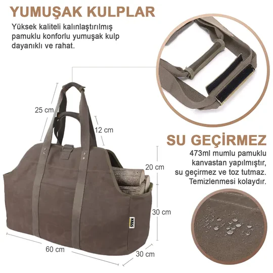 Haegs Ağır Hizmet Çantası, Waxed Kanvas, Şömine Odun Çantası, Yakacak Kütük Taşıma Depolama Çantası, Şömine Odunluk Aksesuarları - Büyük Boy - Kahverengi