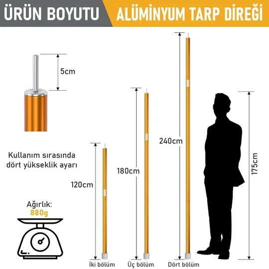 HAEGS Ayarlanabilir Tarp Tente Direkleri, 2`li Set, Teleskopik Alüminyum Çadır Gölgelik Branda Direkleri, Kamp Direği Katlanabilir Hafif Karavan Araç Yan Tente Direği  - Turuncu