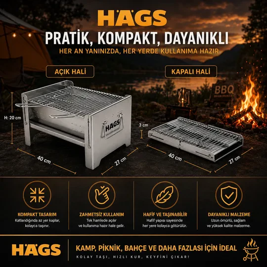 Haegs Katlanır Mangal, Galvaniz Metal, Kömür Mangalı, Izgaralı, Portatif taşınabilir Pratik Mangal