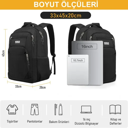 Haegs Laptop Sırt Çantası, Multi Cepli İş Seyahat Çantası, Dizüstü Bilgisayar Sırt Çantası, Suya Dayanıklı, Kolej Bilgisayar Çantası, Kadınlar ve Erkekler İçin Çok Bölmeli Organizer Çanta - Siyah