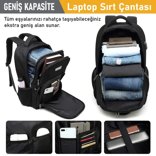 Haegs Laptop Sırt Çantası, Multi Cepli İş Seyahat Çantası, Dizüstü Bilgisayar Sırt Çantası, Suya Dayanıklı, Kolej Bilgisayar Çantası, Kadınlar ve Erkekler İçin Çok Bölmeli Organizer Çanta - Siyah