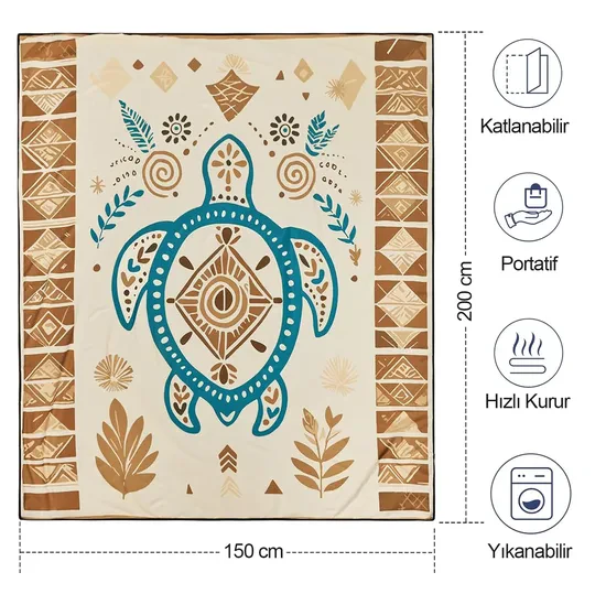 Haegs Piknik Örtüsü, Çanta Kamp Matı, Plaj Matı, Piknik Yer Örtüsü, Seyahat, Kamp, Outdoor, Park Çim Kum Tutmaz, Su Geçirmez, Kullanışlı Çanta Model, Katlanabilir 200x150cm - Etnik Kaplumbağa Bej