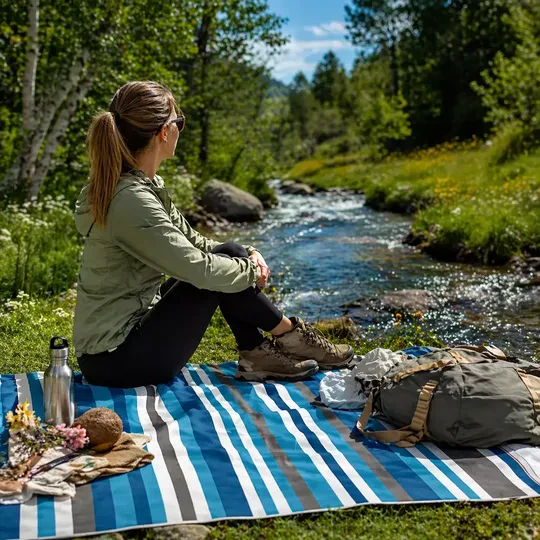 Haegs Piknik Örtüsü, Çanta Kamp Matı, Plaj Matı, Piknik Yer Örtüsü, Seyahat, Kamp, Outdoor, Park Çim Kum Tutmaz, Su Geçirmez, Kullanışlı Çanta Model, Katlanabilir 200x150cm - Mavi-Gri Çizgiler