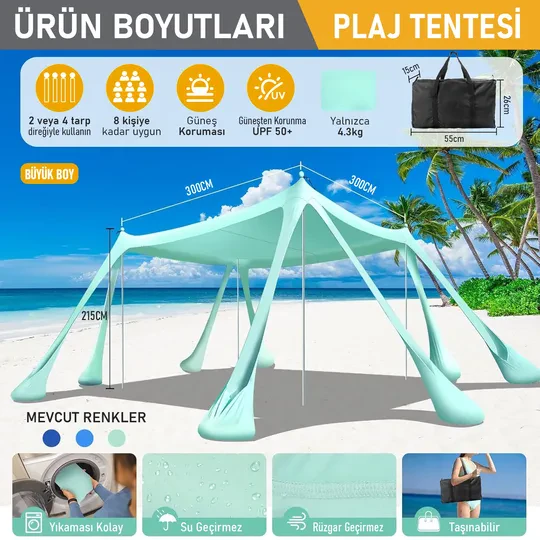 Haegs Plaj Gölgelik Tente Deniz Çadırı, Sahil Plaj Gölgeliği Kanopy, UPF50 Güneş Koruma, Açık Hava Deniz Şemsiyesi Tente Gölgelik Aile Kampı Balık Piknik için Gölgelik, 300x300cm Açık Mavi