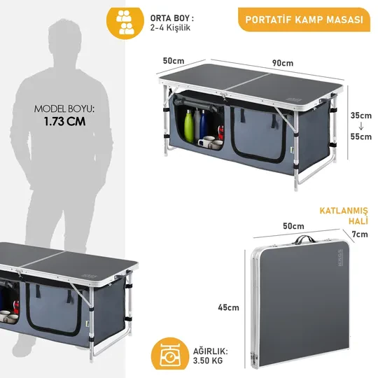 Haegs Saklama Dolaplı Kamp Masası, Outdoor Kamp Mutfağı, Kamp Dolabı, Katlanabilir Kamp Piknik Masası, Seyahat Mutfağı, Mutfak Dolabı, Depolama bölmeli, Dış Mekan Mutfağı 90-50cm- Antrasit