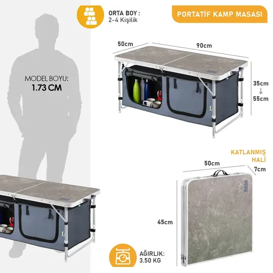 Haegs Saklama Dolaplı Kamp Masası, Outdoor Kamp Mutfağı, Kamp Dolabı, Katlanabilir Kamp Piknik Masası, Seyahat Mutfağı, Mutfak Dolabı, Depolama bölmeli, Dış Mekan Mutfağı 90-50cm- Mermer Desenli