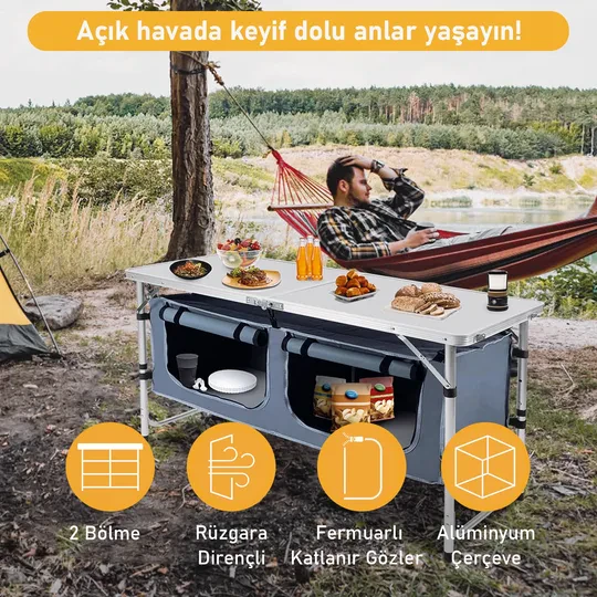 Haegs Saklama Dolaplı Kamp Masası, Outdoor Kamp Mutfağı, Kamp Dolabı, Katlanabilir Kamp Piknik Masası, Seyahat Mutfağı, Mutfak Dolabı, Depolama bölmeli, Dış Mekan Mutfağı 90-50cm- Mermer Desenli