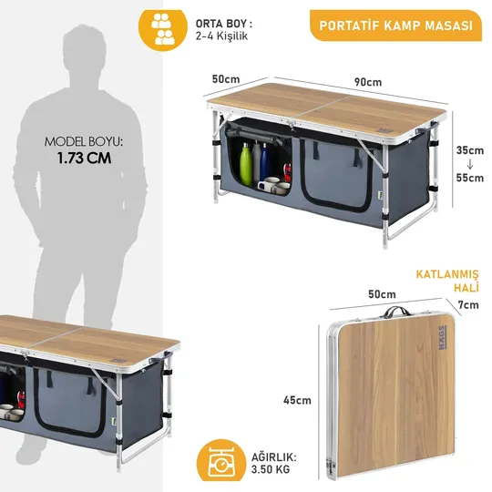 Haegs Saklama Dolaplı Kamp Masası, Outdoor Kamp Mutfağı, Kamp Dolabı, Katlanabilir Kamp Piknik Masası, Seyahat Mutfağı, Mutfak Dolabı, Depolama bölmeli, Dış Mekan Mutfağı 90x50cm Hareli Ceviz