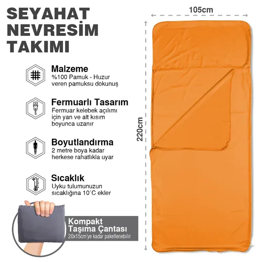 Haegs Seyahat Uyku Nevresimi, %100 Pamuk, Hafif Kompakt Taşınabilir Seyahat tipi Nevresim Takımı, Otel için Temiz Çarşaf, Kamp Uyku Tulumu Astarı, Kamp Çadır Çarşafı 220 x 105cm Turuncu