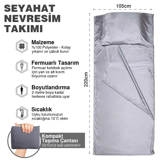 Haegs Seyahat Uyku Nevresimi, Saten Polyester, Hafif Kompakt Taşınabilir Seyahat tipi Nevresim Takımı, Otel için Temiz Çarşaf, Kamp Uyku Tulumu Astarı, Kamp Çadır Çarşafı 220 x 105cm Gri