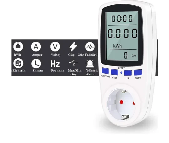 Işıklı Wattmetre Priz Tipi 16A 3680W Enerji Sarfiyat Ölçer Tüketim Ölçer