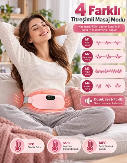 Isıtmalı Şarjlı Masaj Kemeri – Regl Kemeri – Kramp – Bel ve Karın Masaj Aleti, Hafif Titreşimli