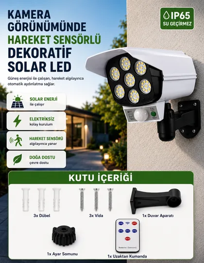 Kamera Görünümlü Hareket  Sensörlü Uzaktan Kumandalı Solar Bahçe Lambası pilhediyeli