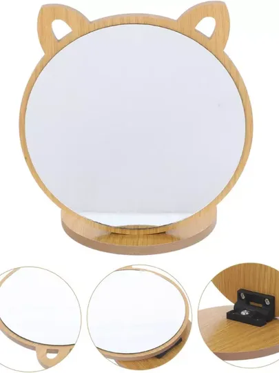 Kedi Ayna Ahşap Standlı Masa üstü Makyaj Aynası Make Up 19CM