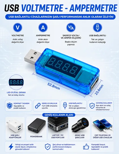Led Göstergeli USB Voltmetre Ampermetre Volt Amper Gerilim Ölçer