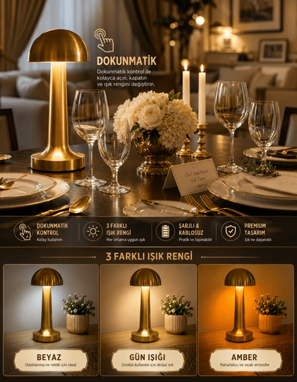 Lizbon 3 Işık Renkli Şarjlı Dim Edilebilir Masa Lambası Gold