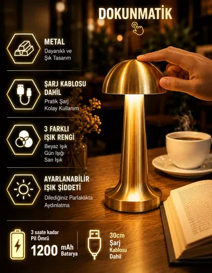 Lizbon 3 Işık Renkli Şarjlı Dim Edilebilir Masa Lambası Gold