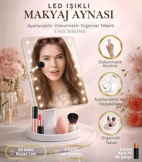 Pilli Dokunmatik Led Işıklı Masa Üstü Makyaj Aynası Dikdörtgen