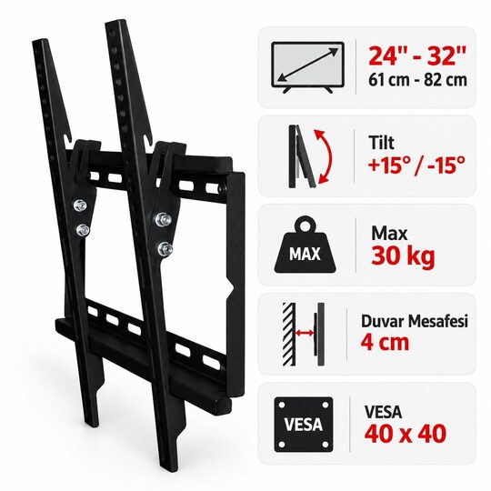 Poswell PW-T40 24–32 İnç Eğim Ayarlı TV ve Monitör Duvar Askı Aparatı