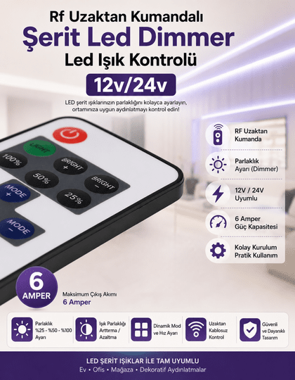 RF Uzaktan Kumandalı Şerit Led Dimmer LED Işık Kontrolü 12V/24V
