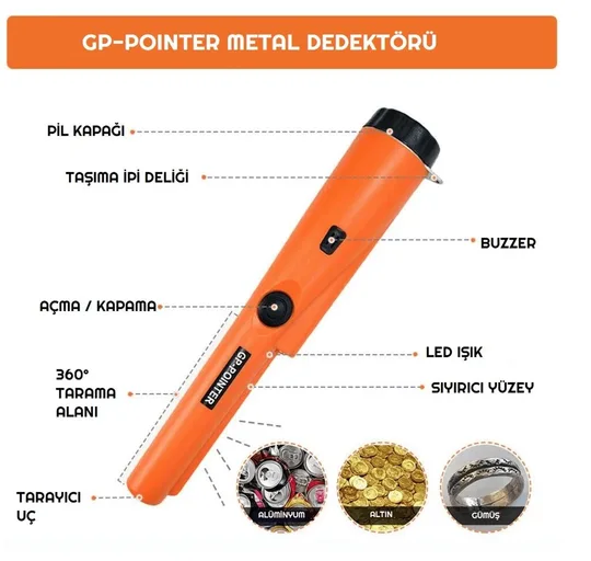 Su Geçirmez Kılıflı GP Pointer Altın Metal Dedektörü  El Tipi Altın Gümüş