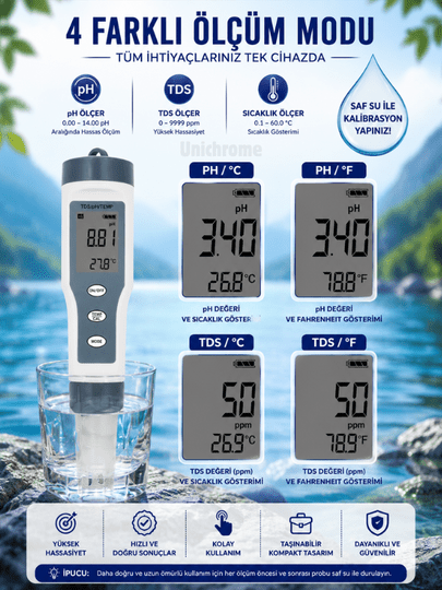 TDS 3 in 1 Ph Sıcaklık Tds Ölçer LED'li Sıcaklık Göstergeli Su Test Cihazı
