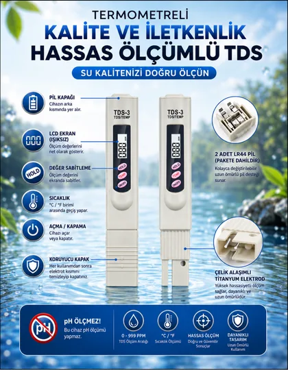 TDS Metre Su Kalite Test Ölçüm Cihazı Saflık Ölçer Pil + Kılıf