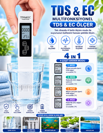 TDS & EC Metre Su Kalite İletkenlik Ölçme Termometre Su Test Cihazı