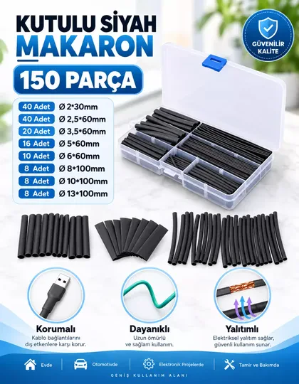Tek Renk Isıyla Daralan Makaron Kablo Seti 150 Parça Kablo Tamir Kiti ve Düzenleyici
