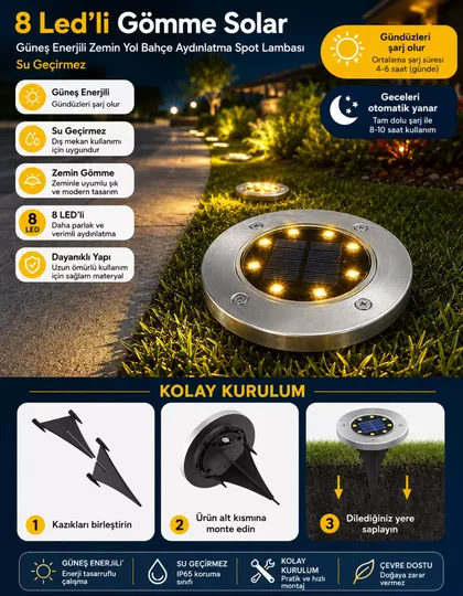 Tekli 8 Led'li Gömme Solar Güneş Enerjili Zemin Yol Bahçe Aydınlatma Spot Lambası Su Geçirmez