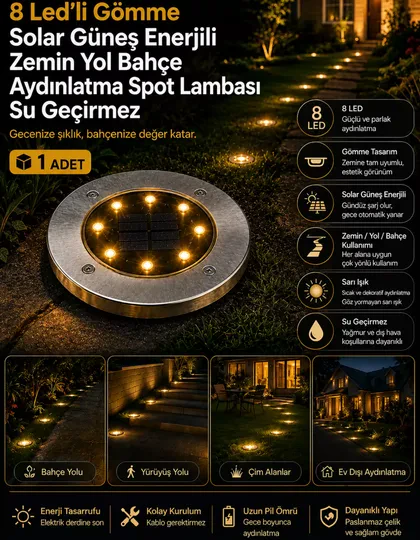 Tekli 8 Led'li Gömme Solar Güneş Enerjili Zemin Yol Bahçe Aydınlatma Spot Lambası Su Geçirmez