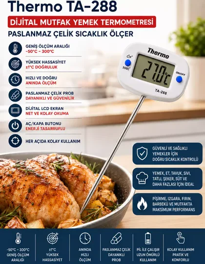 Thermo TA-288 Oynar Başlıklı Dijital Mutfak Yemek Termometresi Paslanmaz Çelik Sıcaklık Ölçer