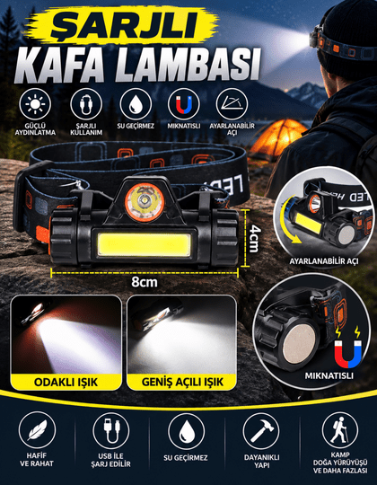 XST 211 XPE + COB LED Aydınlatmalı USB Şarj Edilebilir  Kamp Yürüyüş Kafa Lambası