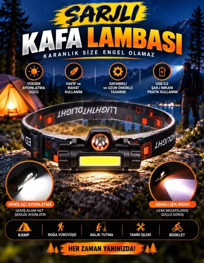 XST 211 XPE + COB LED Aydınlatmalı USB Şarj Edilebilir  Kamp Yürüyüş Kafa Lambası