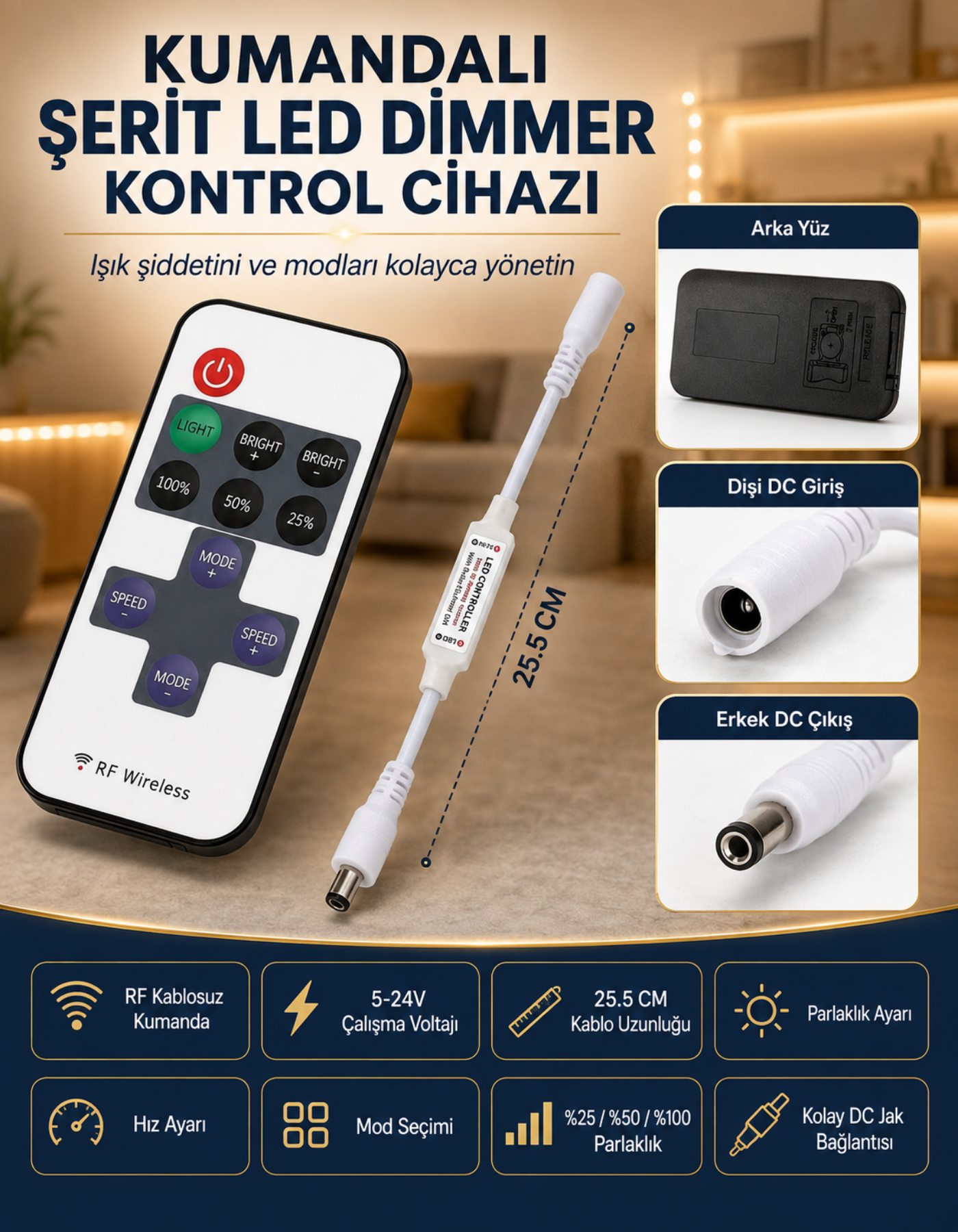 Soketli Şerit Led Kontrol Cihazı Rf Kumandalı Dimmer