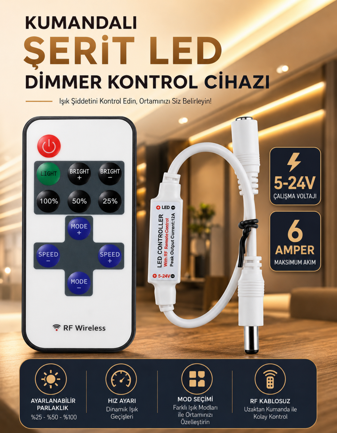 Soketli Şerit Led Kontrol Cihazı Rf Kumandalı Dimmer